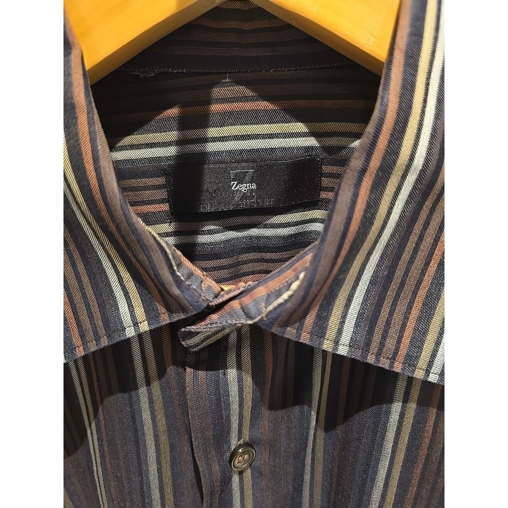 Z Zegna Mens Brown Multi Stripe Cotton Long‎ Sleeve Button Down Shirt XL